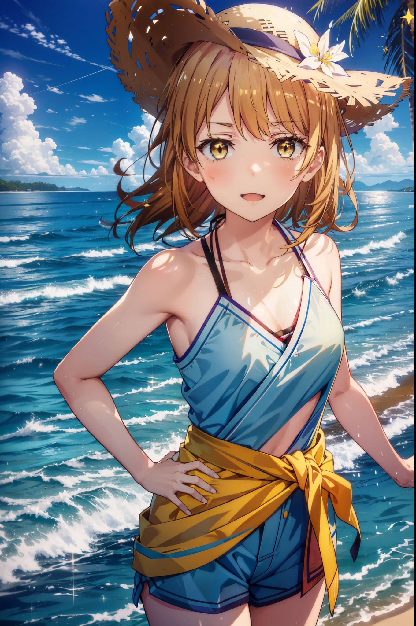 irohaisshiki, iroha isshiki, long hair, brown hair, (brown eyes:1.5), Medium chest,happy smile, smile, open your mouth,smile,big straw hat,yellow bikini swimsuit,naked belly,It&#39;s thin,A yellow scarf is tied around her waist, barefoot, beach outfit,real summer,Palm tree, 砂浜
break outdoors, beach,
break looking at viewer,
break (masterpiece:1.2), highest quality, High resolution, unity 8k wallpaper, (shape:0.8), (fine and beautiful eyes:1.6), highly detailed face, perfect lighting, Very detailed CG, (perfect hands, perfect anatomy),