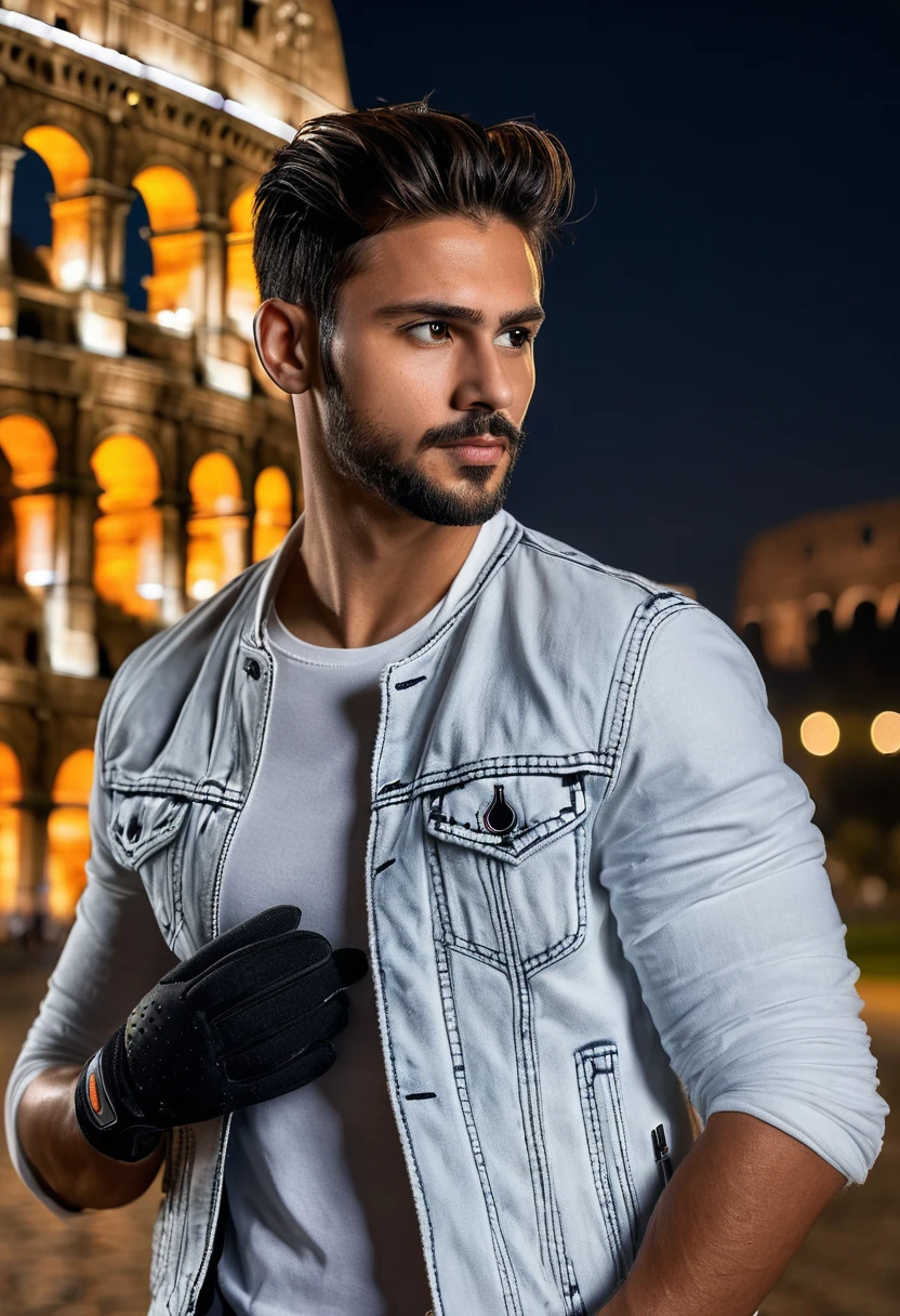 Handsome man, clean face, underslipback hair, white t-shirt, jeans jacket, gloves, black jeans, Nike Jordan shoes. Standing in front of the Colosseum at night, 800mm lens, realistic , hyperrealistic, photography, professional photography, deep photography, ultra HD, very high quality, best quality, mid quality, HDR photo, focus photo, deep focus, very detailed, original photo, original photo, ultra sharp, nature photo, masterpiece, award winning, shot with hasselblad x2d