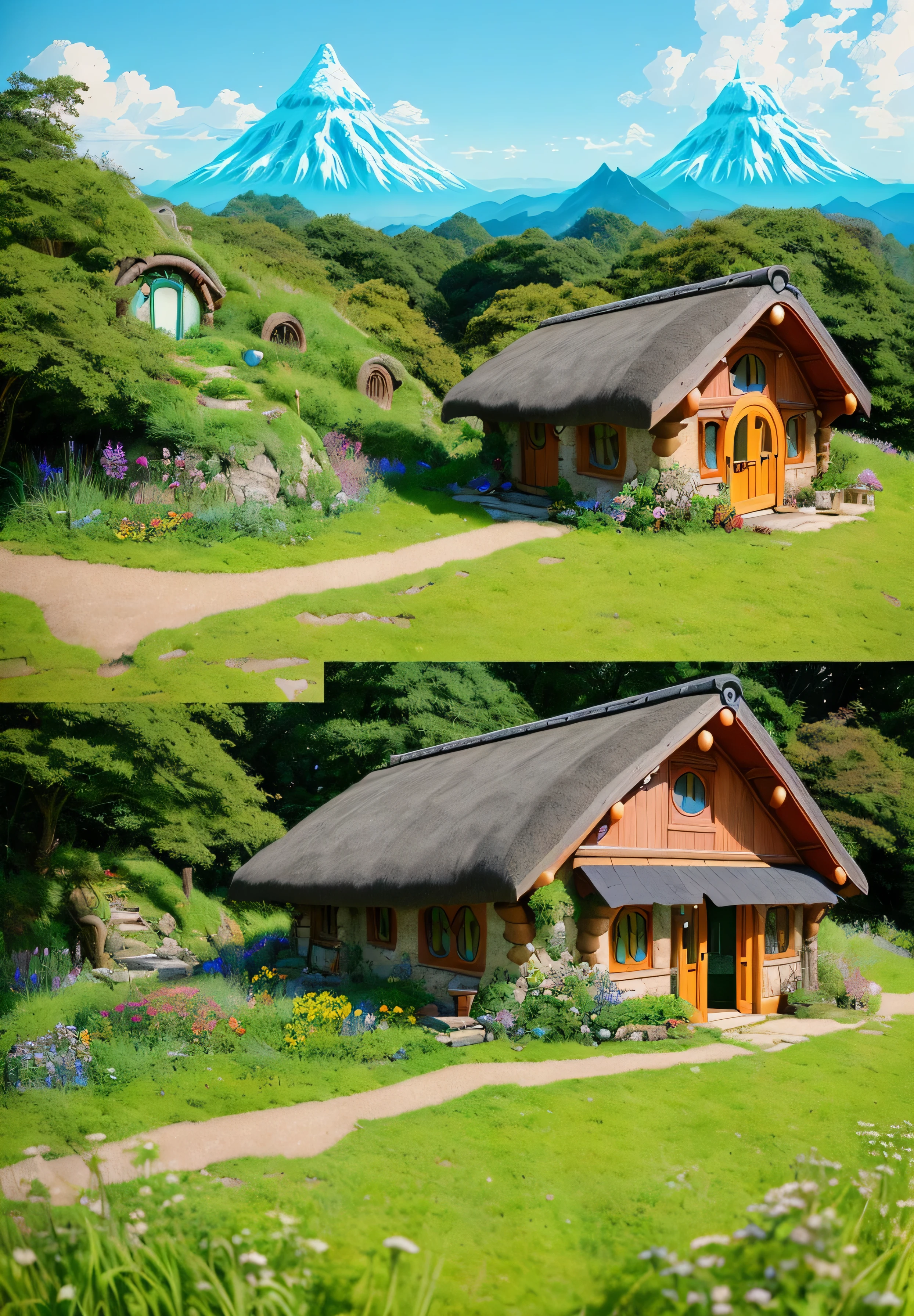 Realistic, real life, beautiful hobbit house on the hill, style of laurie greasley, studio ghibli, akira toriyama, james gilleard, genshin impact, trending pixiv fanbox, acrylic palette knife, 4k, vibrant colors, devinart, trending on artstation