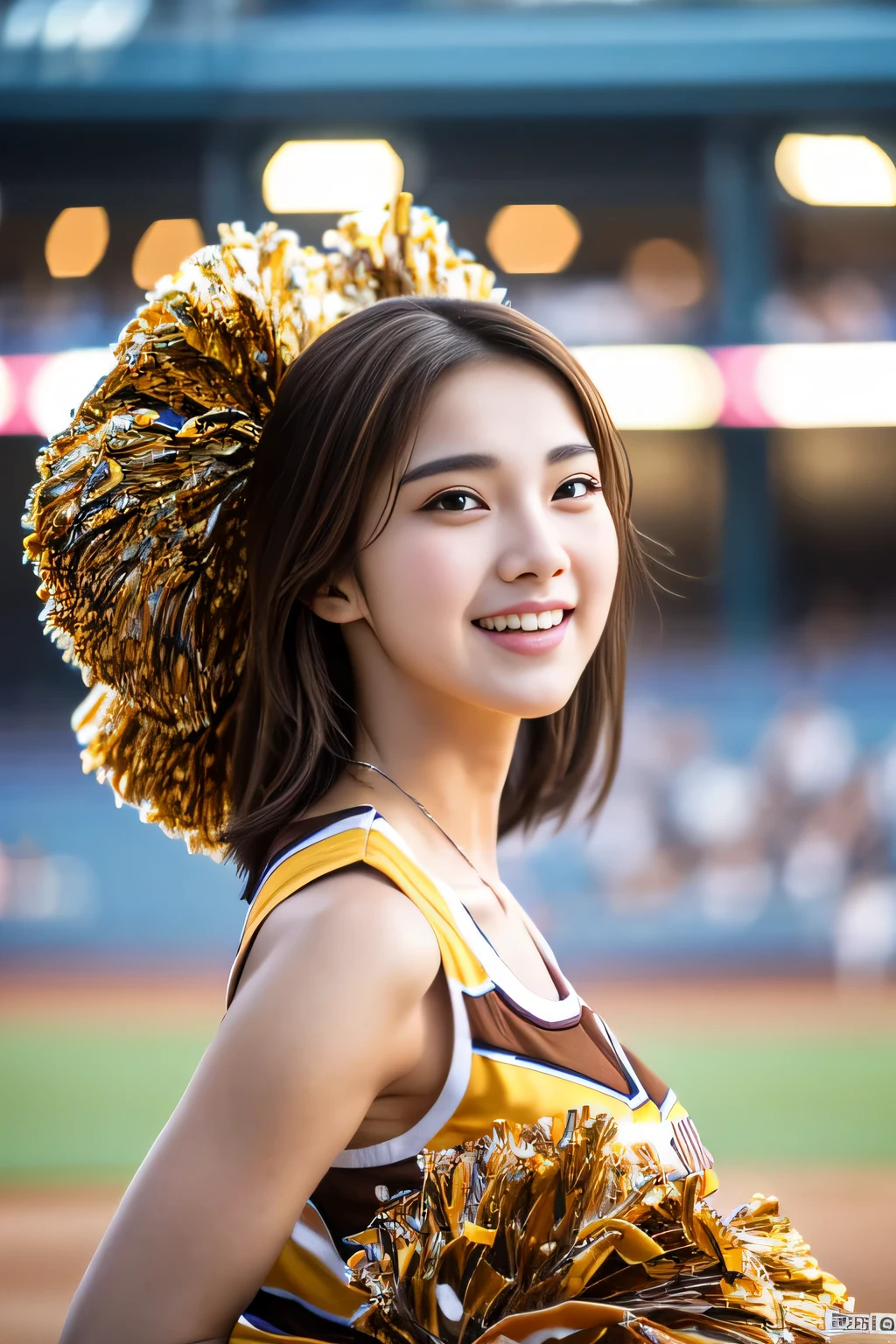 masterpiece, highest quality, Photoreal, Super detailed, finely, High resolution, 8k wallpaper, Professional, Advanced level of detail, ((A female college student cheering at the baseball field:1.2)), slender Japanese woman,, detailed clavicle, Big breasts、perfect face, (Front facing:1.2)、medium long hair, chestnut hair、(Cheerleader:1.5)、(cheerleader:1.2)、cute face、(looking straight ahead:1.5)、(brown skin:1.5)、full body shot