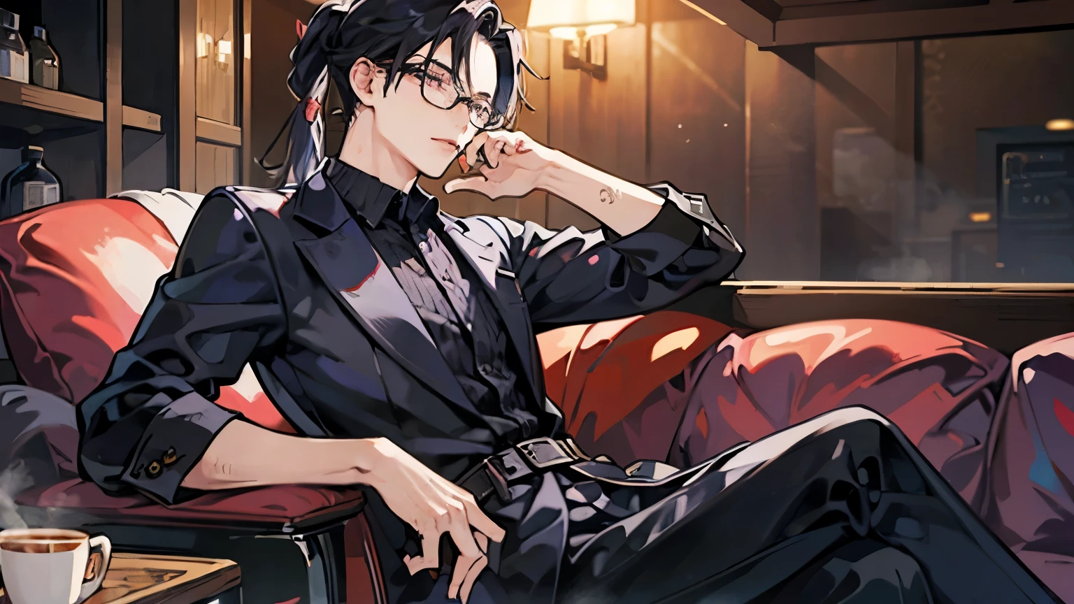 A man with Japanese features, only one figure, long slit eyes but kind eyes, wears under-rimmed glasses, lips slightly thick and closed, hair tied low. He has purple-black hair color, the background is a calm atmosphere like a coffee shop, he is wearing a black dress shirt and a gray jacket, he is sitting on a chair, drinking coffee. anime style