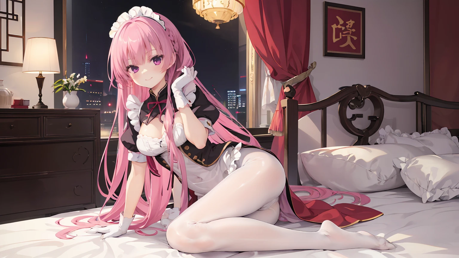 Chinese architecture,night chinese background, solo,a girl,170cm height,25CM bust,pink hair,White maid outfit,white underwear,night,gentle,Smile, ((white pantyhose),indoors,on the bed,black gloves,no shoes,mitsukasa ayase