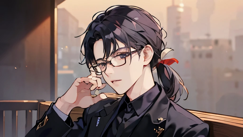 A man with Japanese features, only one figure, long slit eyes but kind eyes, wears under-rimmed glasses, lips slightly thick and closed, hair tied low. He has purple-black hair color, the background is a calm atmosphere like a coffee shop, he is wearing a black dress shirt and a gray jacket, he is sitting on a chair, drinking coffee. anime style