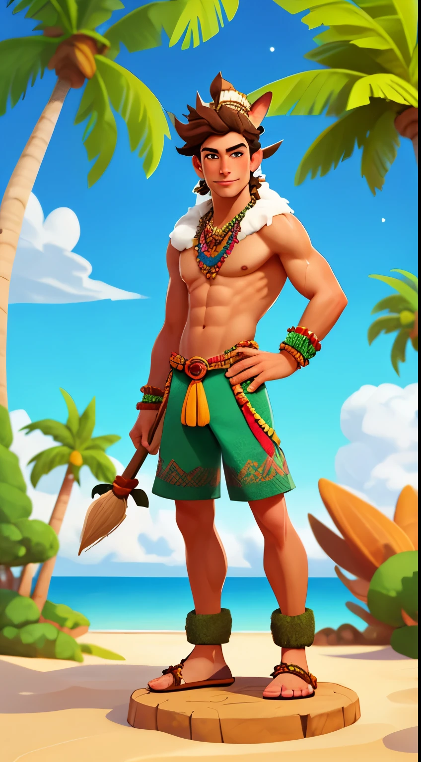 Denver, 1 male，handsome face，Perfect body，Disney art style，face, looking at the audience,naughty，Wearing animal fur，primitive tribe，headgear，totem，hula spear，coconut tree,desert island，Tribal decoration，clothing，clothing