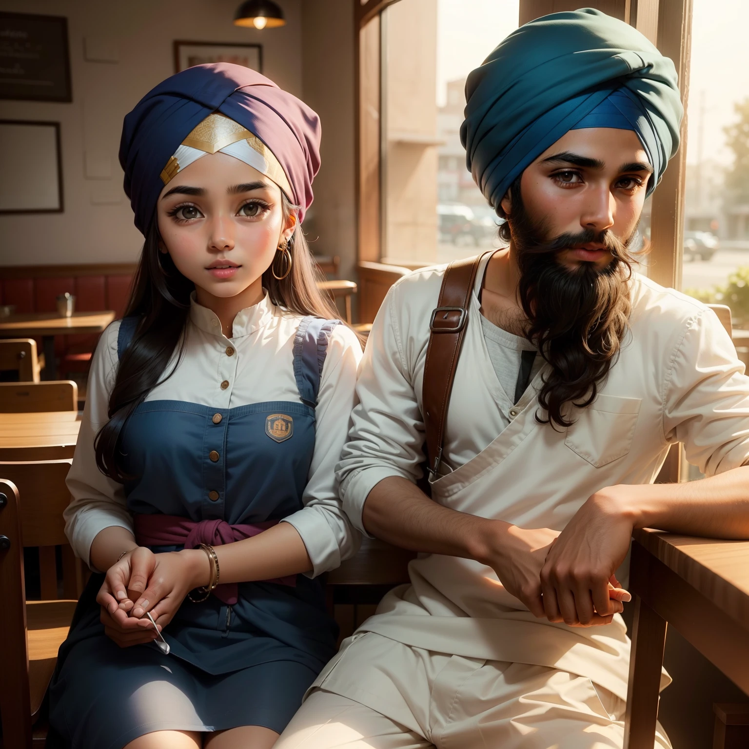 Coming cute sikh boy and cute girl in cafe