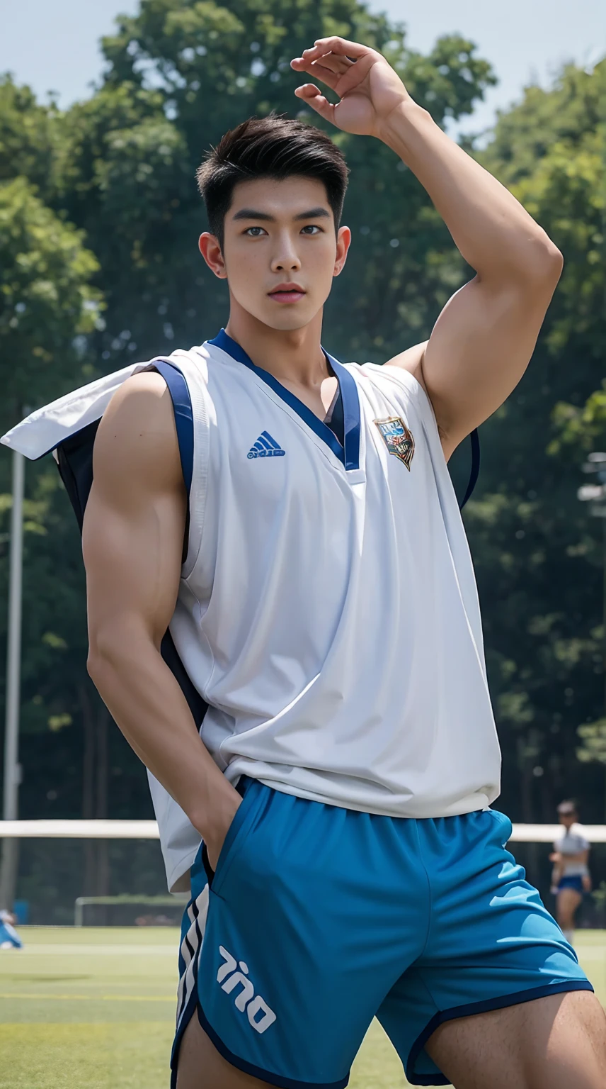 Asian male model, big muscles, Full chest muscles，Sexy and charming expression，blue eyes，Handsome, cool, Hair combed smoothly, piercing ears, Wear a loose-fitting vest，sports Shorts，Big bag highlights, image, modeling, dynamic poses, Tsinghua University, On the sports ground,There are many students playing sports in the sports field