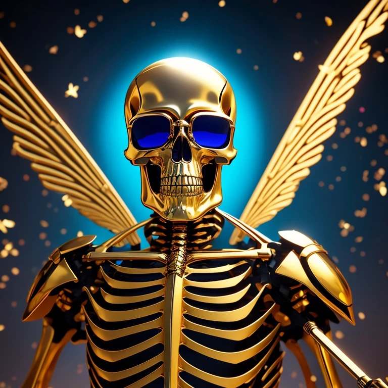 baton,Transparent wings,Magic wand,Wear thick gold-framed reflective sunglasses,32K(tmasterpiece,k hd,hyper HD,32K)Light orange flowing hair,The Silver Skull Jewelry District in the backstreets,Indigo Skull King ,Skeleton protector (The skeleton is realistic:1.4),Skull pattern robe,Silver skull flower ornaments,Petals flutter,Colored ball head,Hold your head high,Be proud,The nostrils look at people, A high resolution, the detail, RAW photogr, Sharp Re, Nikon D850 Film Stock Photo by Jefferies Lee 4 Kodak Portra 400 Camera F1.6 shots, Rich colors, ultra-realistic vivid textures, Dramatic lighting, Unreal Engine Art Station Trend, cinestir 800,Hold your head high,Be proud,The nostrils look at people,Tsundere,Petals flutter,Petals flutter,Sprinkle with gold dust,Fluttering,Impeccable,( reasonable design, Clear lines, High sharpness,Best quality, Very detailed skeleton, The skeleton of a masterpiece, offcial art, movie light effect, 4K skeleton(((Wear thick gold-framed reflective sunglasses)))Transparent wings,(baton)(Baton in hand)(Giant baton)baton,