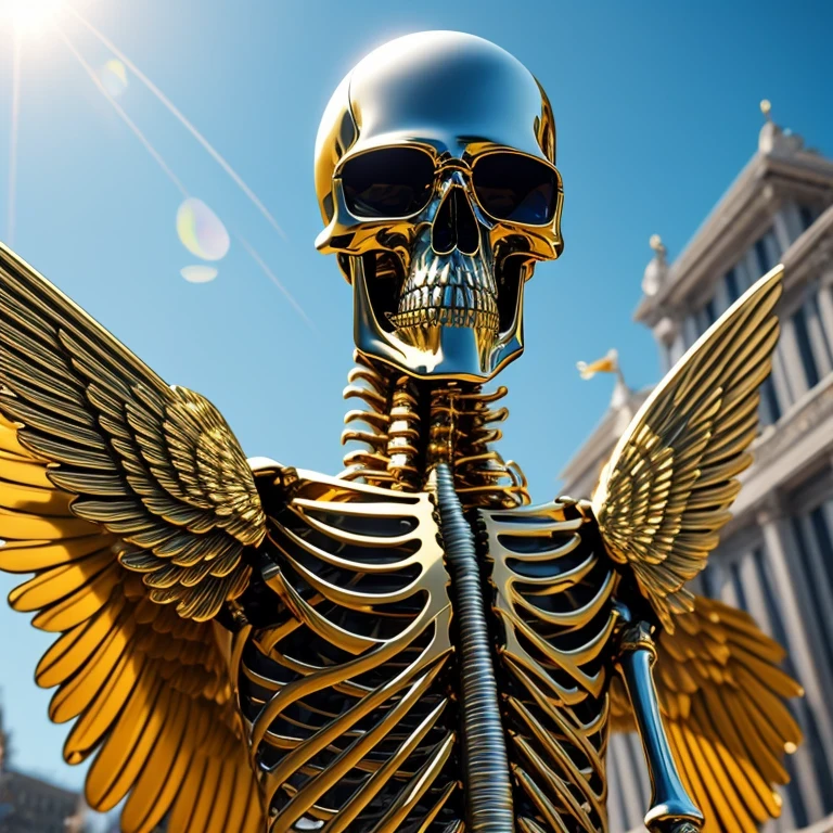 baton,Transparent wings,Magic wand,Wear thick gold-framed reflective sunglasses,32K(tmasterpiece,k hd,hyper HD,32K)Light orange flowing hair,The Silver Skull Jewelry District in the backstreets,Indigo Skull King ,Skeleton protector (The skeleton is realistic:1.4),Skull pattern robe,Silver skull flower ornaments,Petals flutter,Colored ball head,Hold your head high,Be proud,The nostrils look at people, A high resolution, the detail, RAW photogr, Sharp Re, Nikon D850 Film Stock Photo by Jefferies Lee 4 Kodak Portra 400 Camera F1.6 shots, Rich colors, ultra-realistic vivid textures, Dramatic lighting, Unreal Engine Art Station Trend, cinestir 800,Hold your head high,Be proud,The nostrils look at people,Tsundere,Petals flutter,Petals flutter,Sprinkle with gold dust,Fluttering,Impeccable,( reasonable design, Clear lines, High sharpness,Best quality, Very detailed skeleton, The skeleton of a masterpiece, offcial art, movie light effect, 4K skeleton(((Wear thick gold-framed reflective sunglasses)))Transparent wings,(baton)(Baton in hand)(Giant baton)baton,