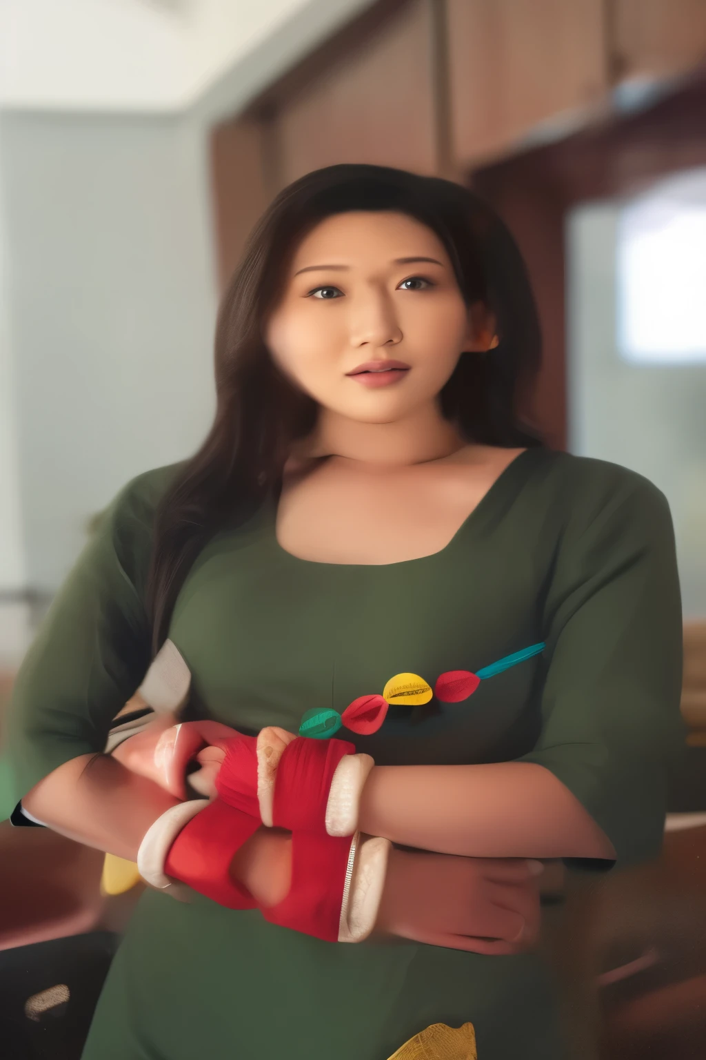 arafed woman in green dress with red and yellow bracelets, photo of a woman, traditional beauty, around 1 9 , indian girl with brown skin, young himalayan woman, candid picture, photo of young woman, centre image, indian, very very low quality picture, nivanh chanthara, portait image, beautiful young himalayan woman, with accurate face