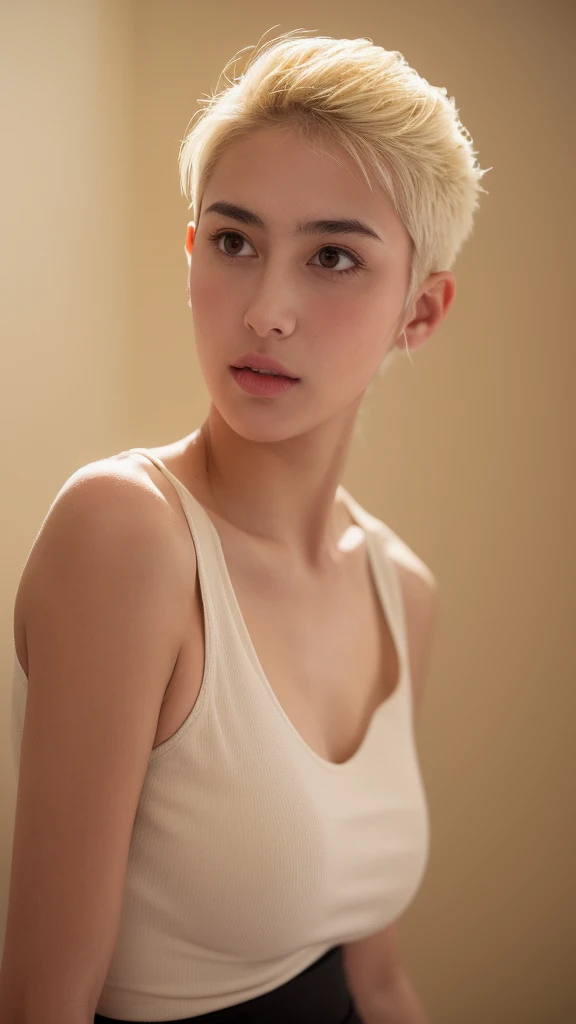 a 20 yo woman, blonde, (hi-top fade:1.3), dark theme, soothing tones, muted colors, high contrast, (natural skin texture, hyperrealism, soft light, sharp)