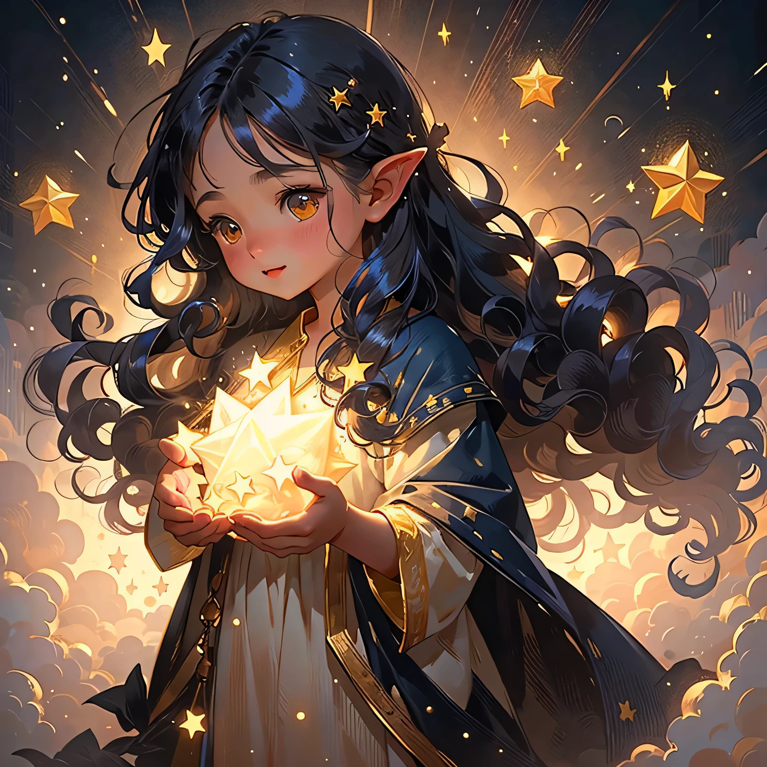 1 girl, Elf, pointed ears, long hair, dark blue hair, glowing golden eyes, Star mage, Dark blue and gold mage robes, Starlight, Star,