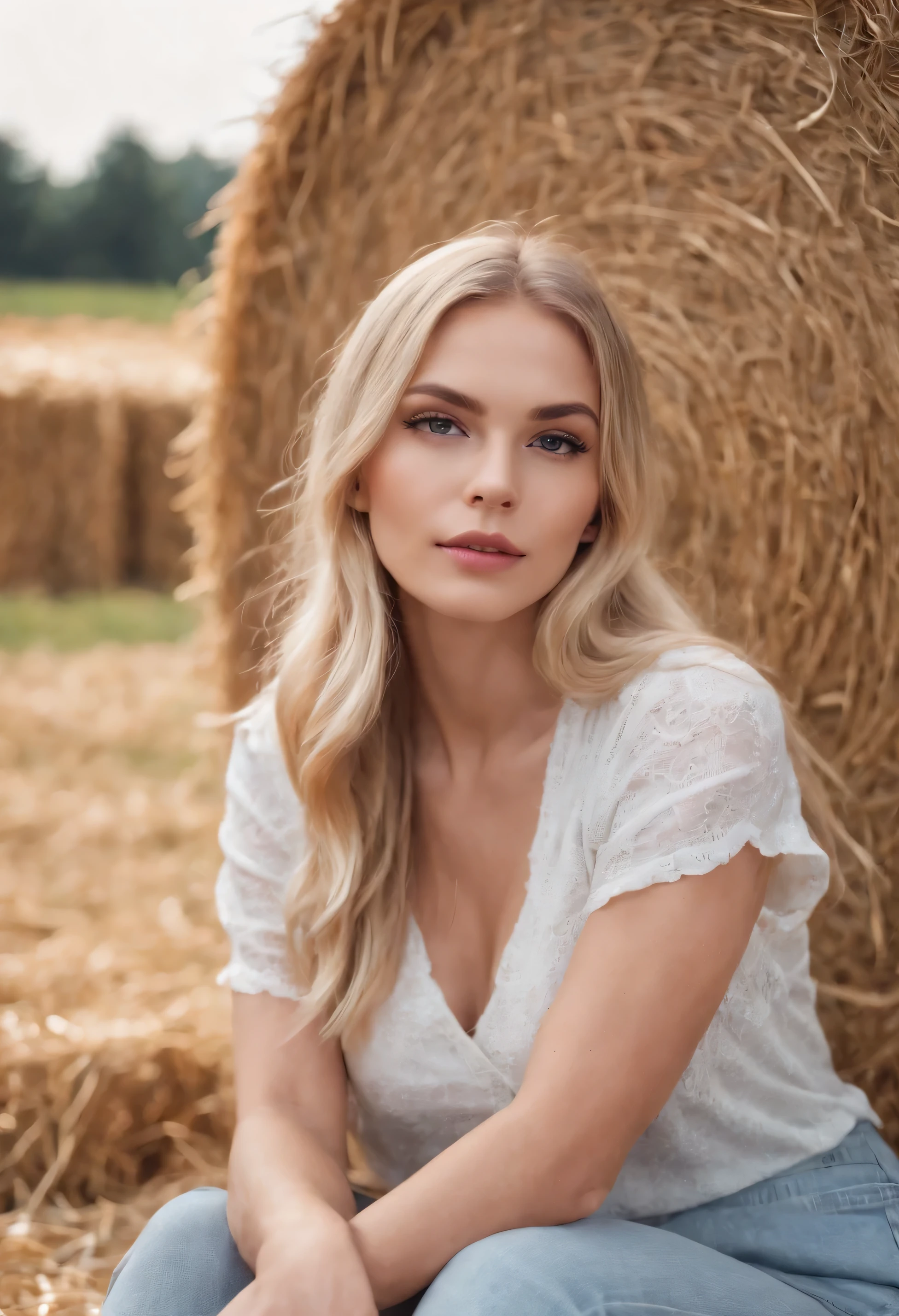 girl blonde long hair instagram model sitting on hay cute face sexy looking outside profesional photo possing perfect body