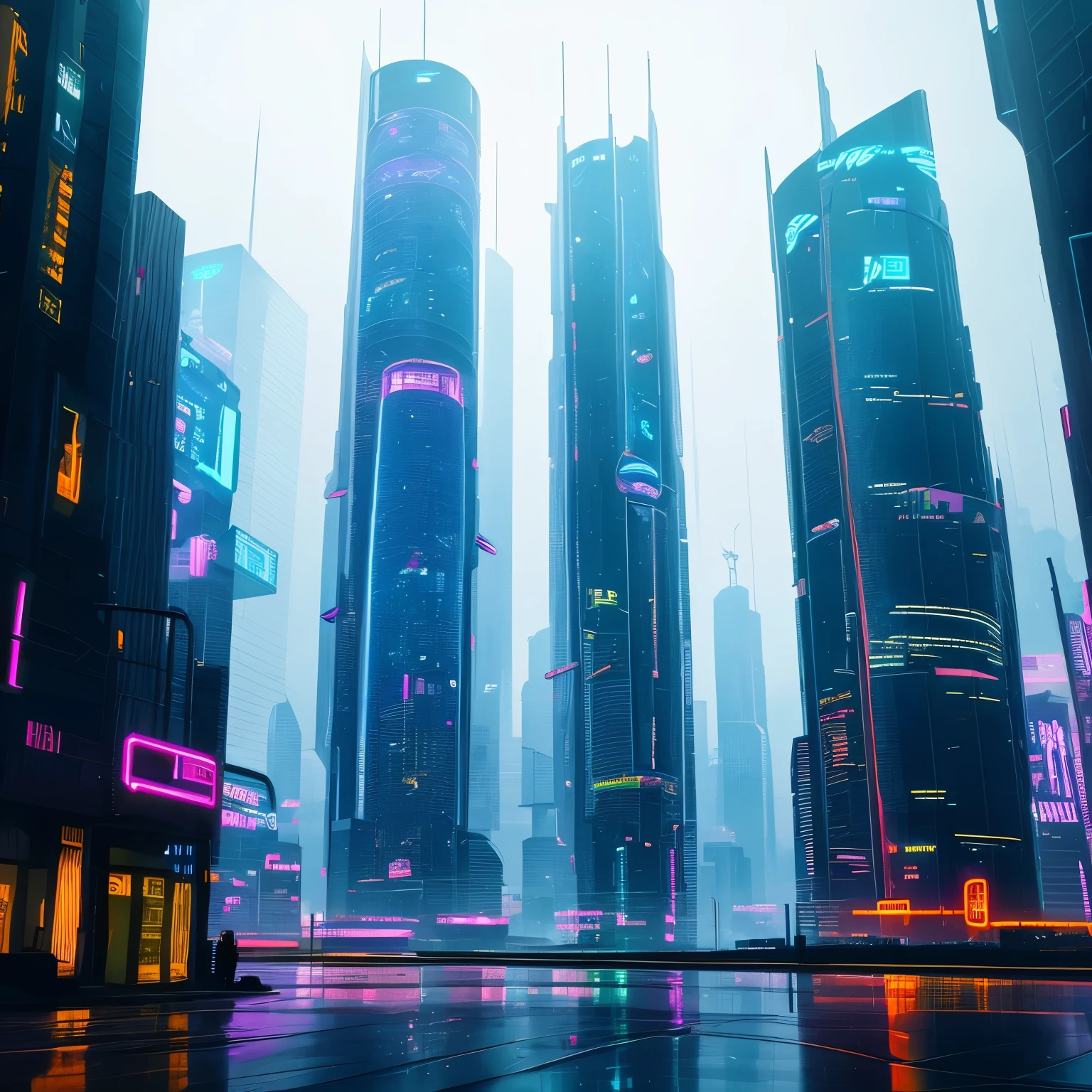 Future cyberpunk city, Huge skyscrapers gleaming in neon lights, Flying car passes through the tower,Glowing reflections dance in rain puddles.