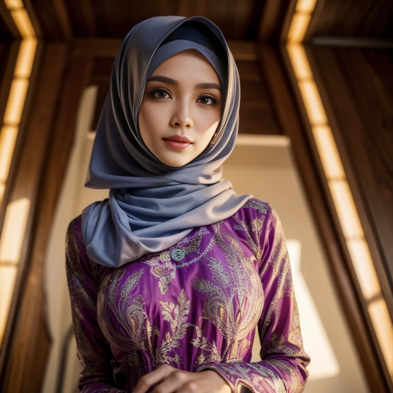 beautiful girl, wearing traditional baju kurung, ultra-detailed, detailed faces, detailed skins, 8k masterpieces, cinematic lighting, ((1girl)), ((solo)), firm push-up breasts, modest breasts, slim and slender body, long hijab, eid mubarak, in malay village, half body