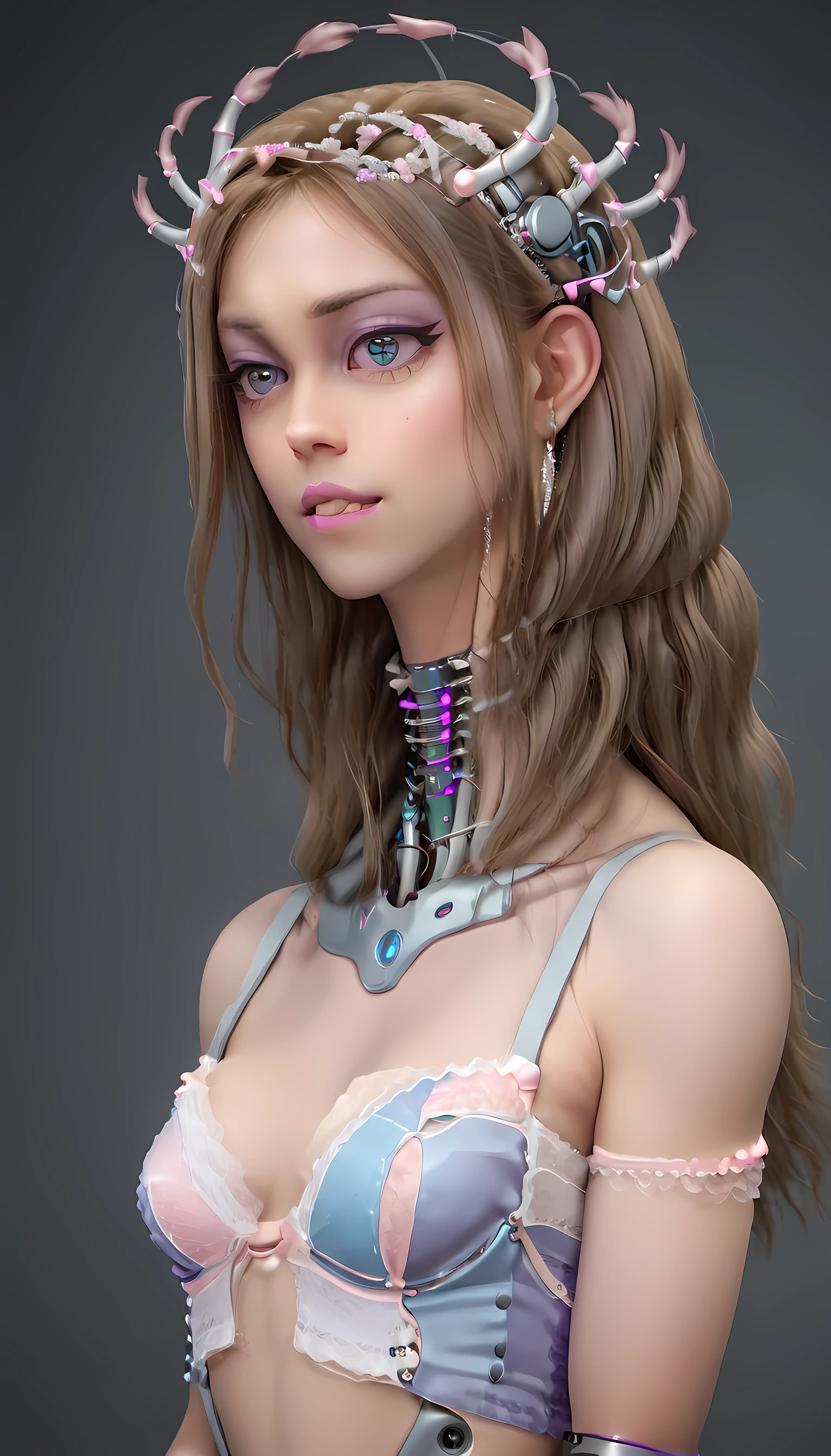 jessicagraham, (Complex Professional 3D rendering:1.3) of (Ultra detailed:1.3) side profile, xray diagram deconstruction of a cyborg brain to machine interface, extended neck, glowing lights, Highly detailed, Depth, Many parts, Lumen render, 8k x-ray style translucent bald head, clear skin, synthetic bone, purple pink and blue Xray style on a grey background covered in geometric patterns,CGSociety,ArtStation
