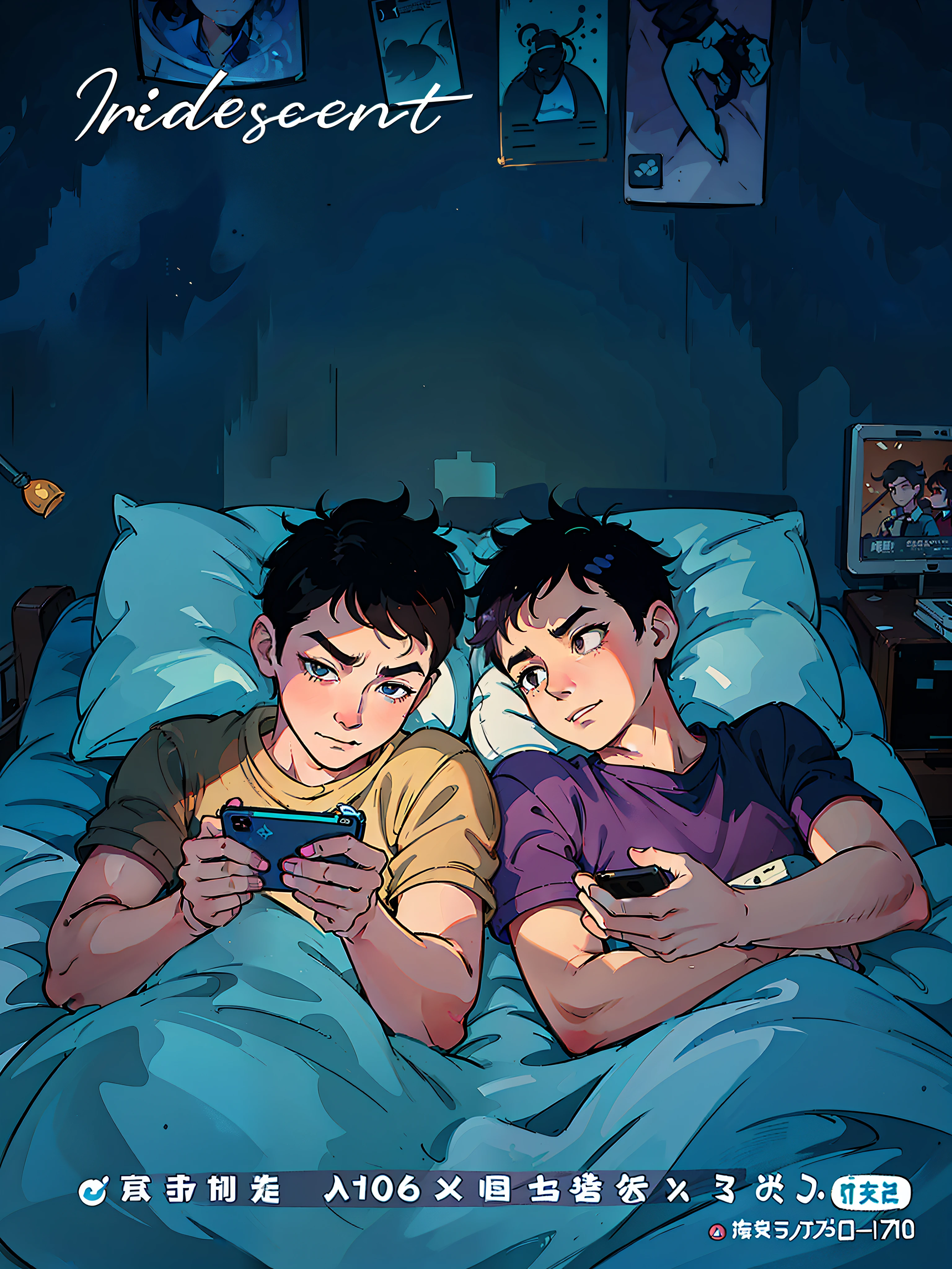 there are two men laying in bed with their phones in their hands, artwork in the style of guweiz, jin shan and ross tran, ross tran and bayard wu, two anime handsome men, loish and ross tran, ross tran and ilya kuvshinov, akehiko inoue and ross tran, gamer aesthetic with smile face