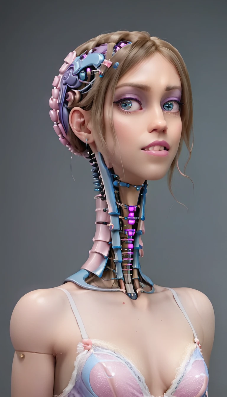 jessicagraham, (Complex Professional 3D rendering:1.3) of (Ultra detailed:1.3) side profile, xray diagram deconstruction of a cyborg brain to machine interface, extended neck, glowing lights, Highly detailed, Depth, Many parts, Lumen render, 8k x-ray style translucent bald head, clear skin, synthetic bone, purple pink and blue Xray style on a grey background covered in geometric patterns,CGSociety,ArtStation