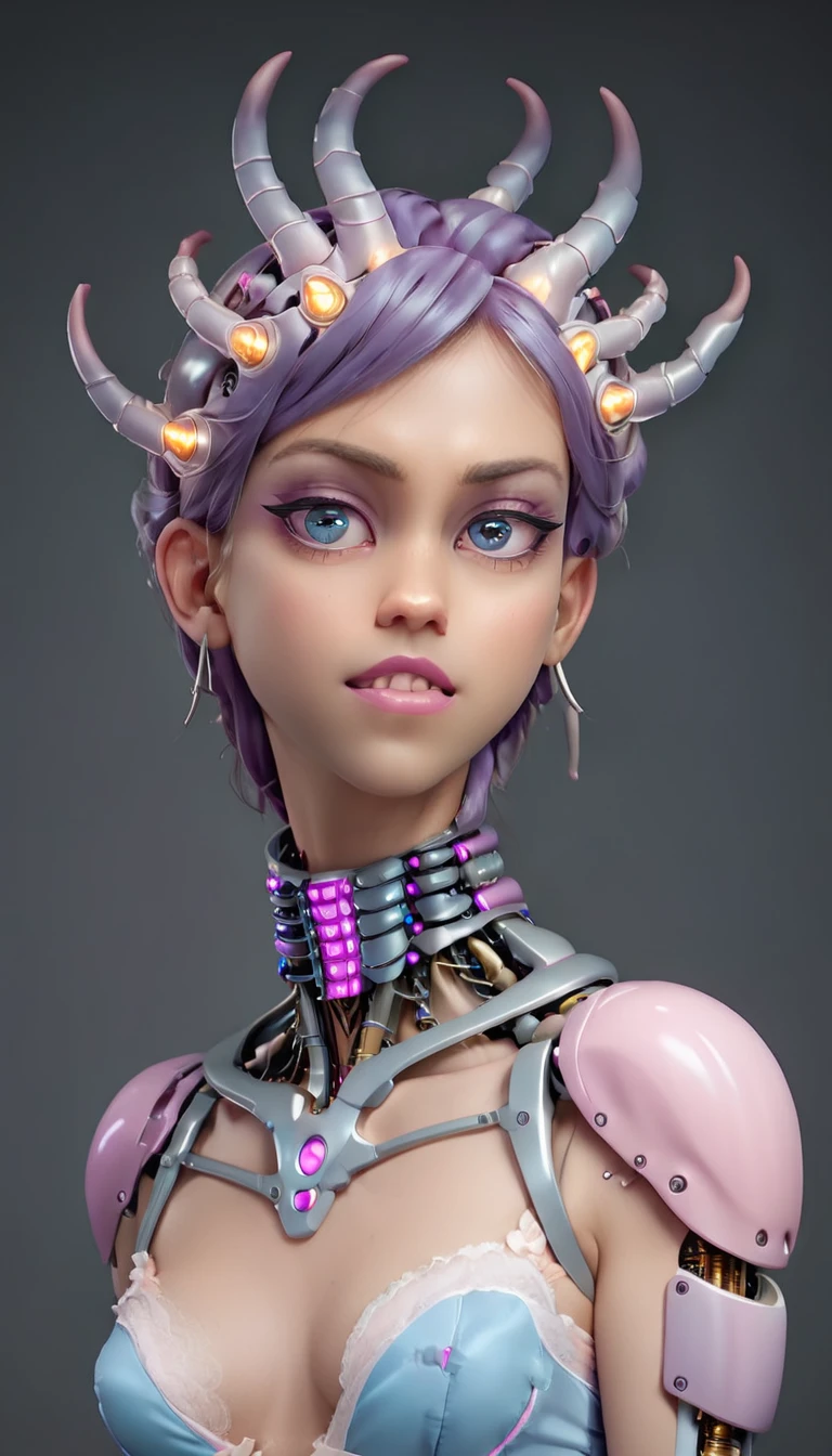 jessicagraham, (Complex Professional 3D rendering:1.3) of (Ultra detailed:1.3) side profile, xray diagram deconstruction of a cyborg brain to machine interface, extended neck, glowing lights, Highly detailed, Depth, Many parts, Lumen render, 8k x-ray style translucent bald head, clear skin, synthetic bone, purple pink and blue Xray style on a grey background covered in geometric patterns,CGSociety,ArtStation