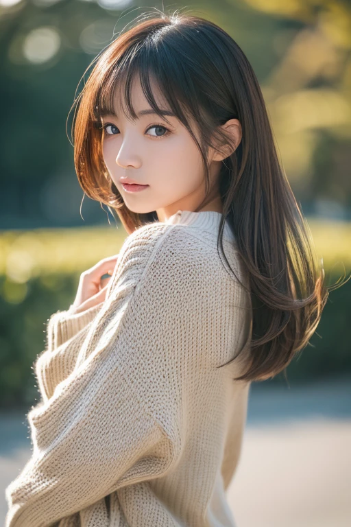 ((highest quality, 8K, masterpiece: 1.3)), woman (full body portrait, front, Wearing a long sweater), seabird, Catch Pose, overhead camera, sharp focus: 1.2, cute woman: 1.4, (((hairstyle random)), highly detailed face、skin、hair texture, detailed eye, double eyelid, 白いskin, beautiful and delicate nose, かわいい若い日本のwoman, 20-year-old, at a dynamic angle, eyeに心地よく、Thought-provoking composition, Emphasize the subject's hair, eye, words and actions, While creating a melancholy feeling characterized by calm tones and contrast between light and shadow.,