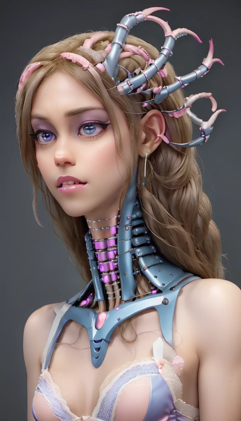 jessicagraham, (Complex Professional 3D rendering:1.3) of (Ultra detailed:1.3) side profile, xray diagram deconstruction of a cyborg brain to machine interface, extended neck, glowing lights, Highly detailed, Depth, Many parts, Lumen render, 8k x-ray style translucent bald head, clear skin, synthetic bone, purple pink and blue Xray style on a grey background covered in geometric patterns,CGSociety,ArtStation