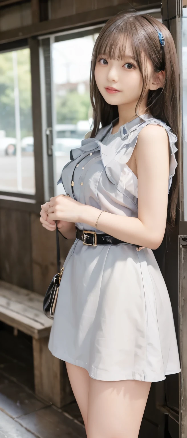 Hardcore idol girl、、Silverstone Mini Dress、、、good style、whole body、、shiny belt、、Light Grey Hair、quarry