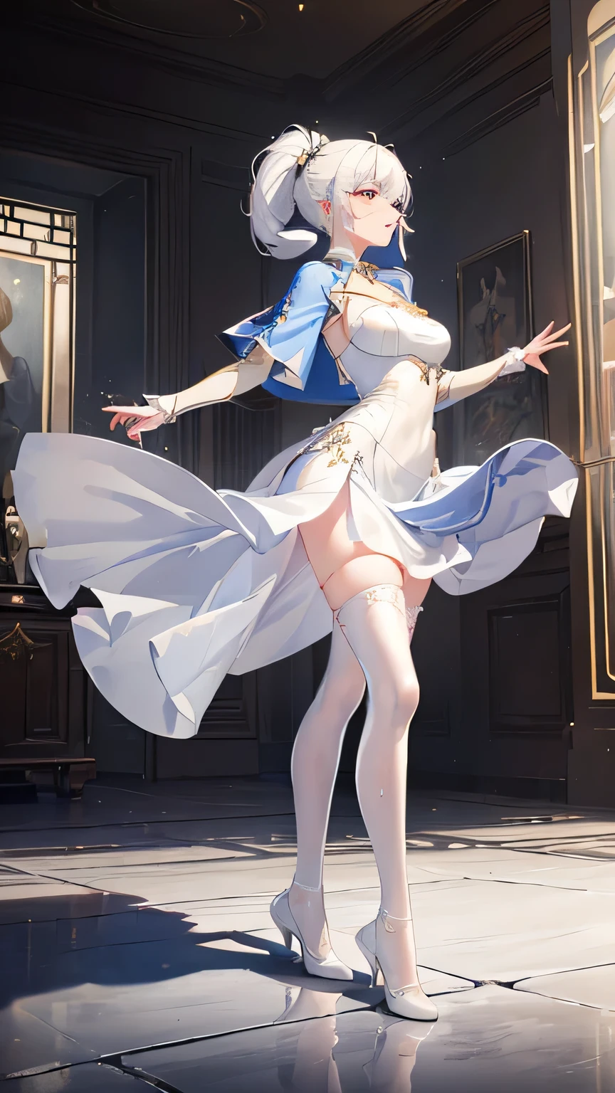((beautiful lighting, Best quality, Masterpiece: 1.3)), 1girl, Perfect body beauty: 1.4, elegant, Sweaty + wet skin,((white hair)), (White dress: 1.4), (Over the knee white stockings: 1.5), (long dress), Super Fine Face, lingerie, ((dancing in the distance)), (elegant room)