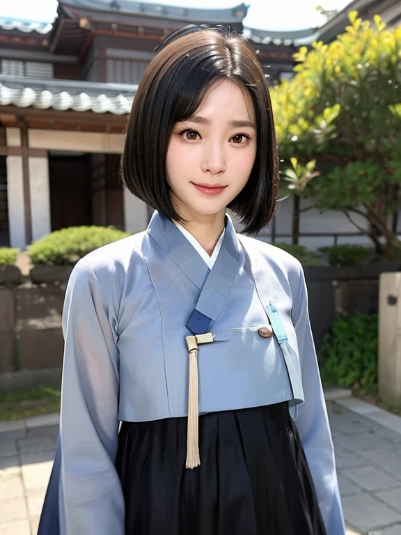 (kawaii 24 year-old Japanese girl, Nogizaka idol, Korean idol), (glossy black hair, medium bob cut:1.3), (extra rounded face, forehead, single eyelid, no makeup, soft smiling:1.2), (well shaped whitened teeth:0.7), (wearing light blue Hanbok, Korean traditional cloth:1.3), well shaped extra small breasts, (looking at viewer:1.2), BREAK, (simple outdoor background:1.3), (portrait, id photo, view from straight forward:1.3), BREAK, (masterpiece, best quality, photo realistic, official art:1.4), (UHD, 8K quality wallpaper, high resolution, raw photo, film grain:1.2), (shiny skin), professional lighting, physically based rendering, award winning, (perfect anatomy, highly detailed skin, extremely detailed face and eyes, well drawn glittering pupils), Carl Zeiss 85 mm F/1.4, depth of field, 1girl, solo,