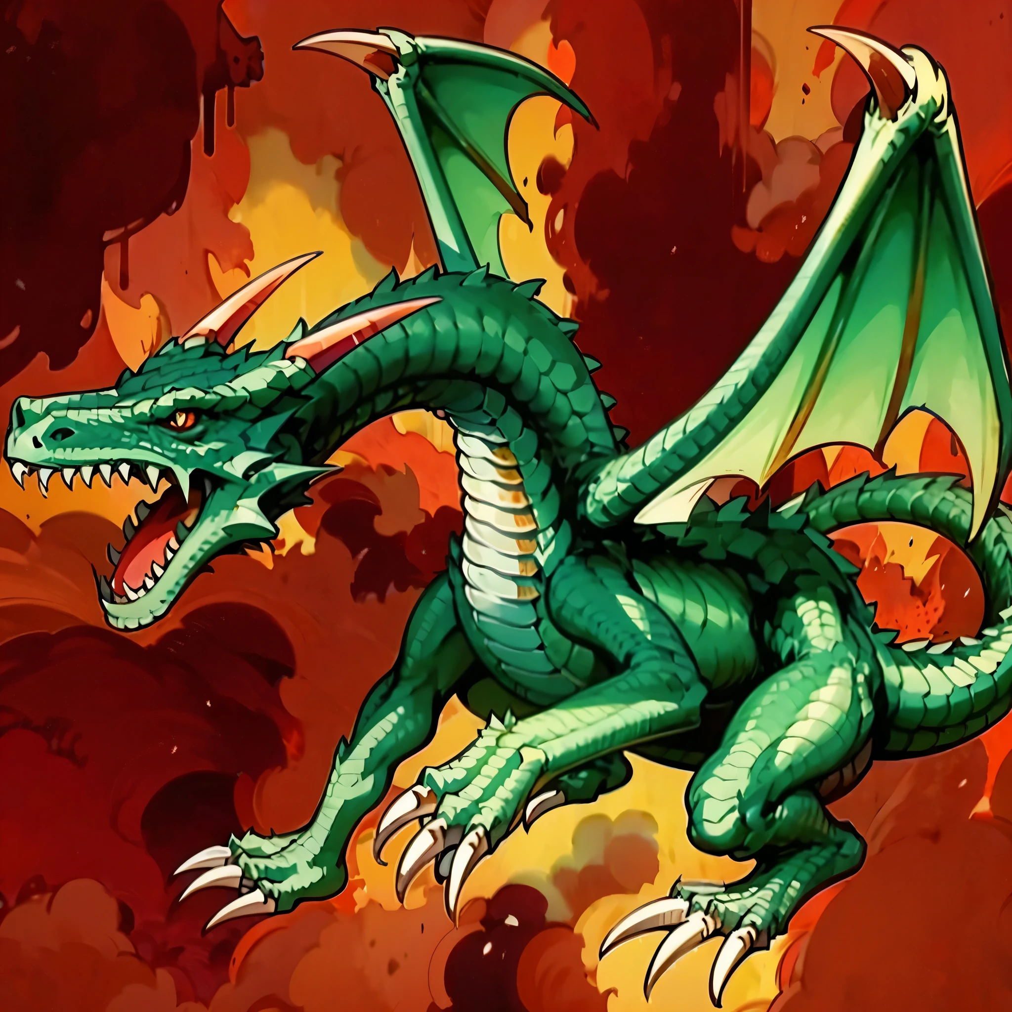 A monster(European medieval dragon,dragon),Horns and thorns on the head,spread wings,Stand in the flames of hell。Medium shot composition,full body pictures,Characters and scenes,game concept art style,Anime illustration style,watercolor style,Marker style,HD,4K。