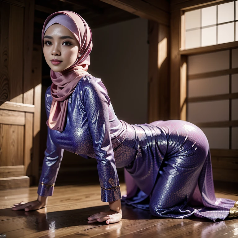 beautiful girl, wearing traditional baju kurung, ultra-detailed, detailed faces, detailed skins, 8k masterpieces, cinematic lighting, ((1girl)), ((solo)), firm push-up breasts, modest breasts, slim and slender body, long hijab, eid mubarak, in malay village, half body