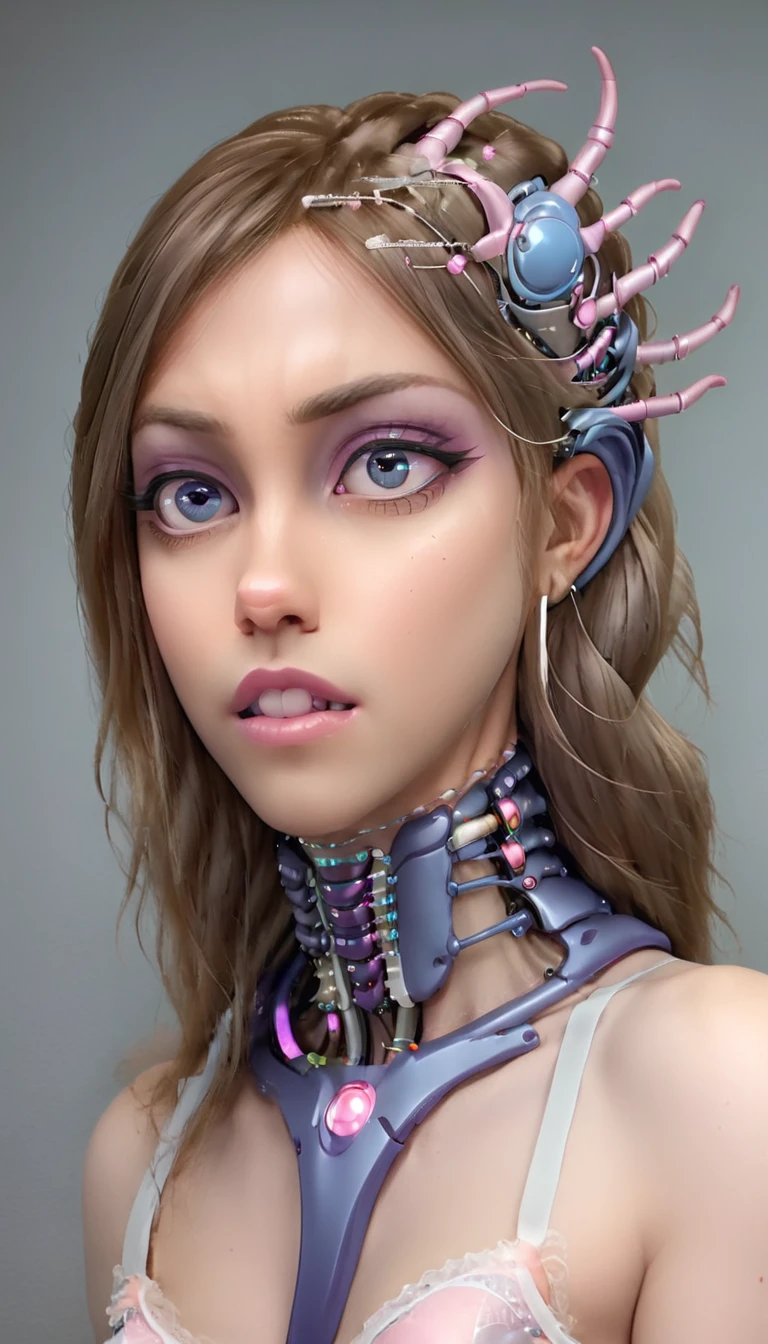 jessicagraham, (Complex Professional 3D rendering:1.3) of (Ultra detailed:1.3) side profile, xray diagram deconstruction of a cyborg brain to machine interface, extended neck, glowing lights, Highly detailed, Depth, Many parts, Lumen render, 8k x-ray style translucent bald head, clear skin, synthetic bone, purple pink and blue Xray style on a grey background covered in geometric patterns,CGSociety,ArtStation