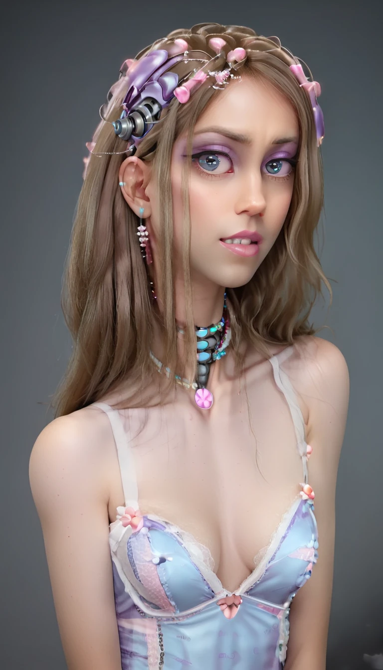 jessicagraham, (Complex Professional 3D rendering:1.3) of (Ultra detailed:1.3) side profile, xray diagram deconstruction of a cyborg brain to machine interface, extended neck, glowing lights, Highly detailed, Depth, Many parts, Lumen render, 8k x-ray style translucent bald head, clear skin, synthetic bone, purple pink and blue Xray style on a grey background covered in geometric patterns,CGSociety,ArtStation