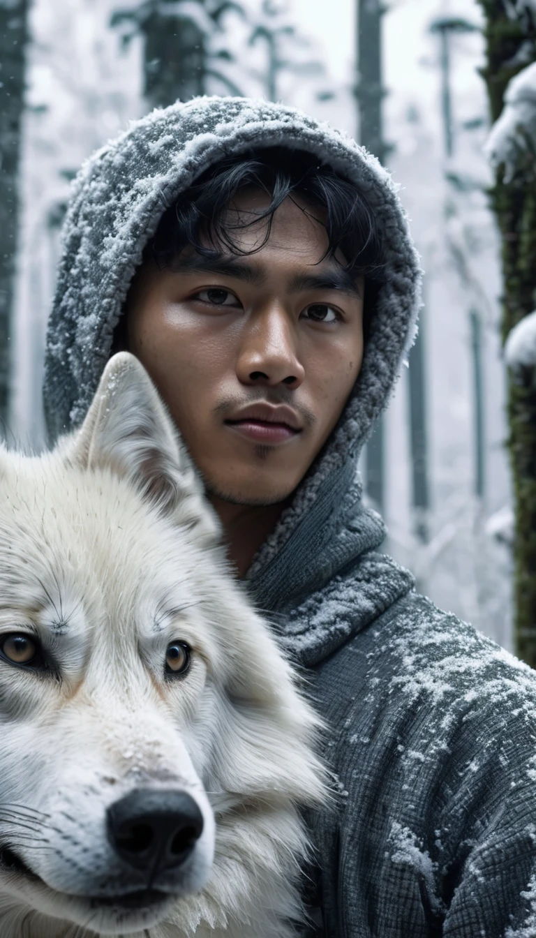 Indonesian oval face young man in the cold forest,Next to it is a snow-white wolf, ultra detail, cinematic lingting,8k