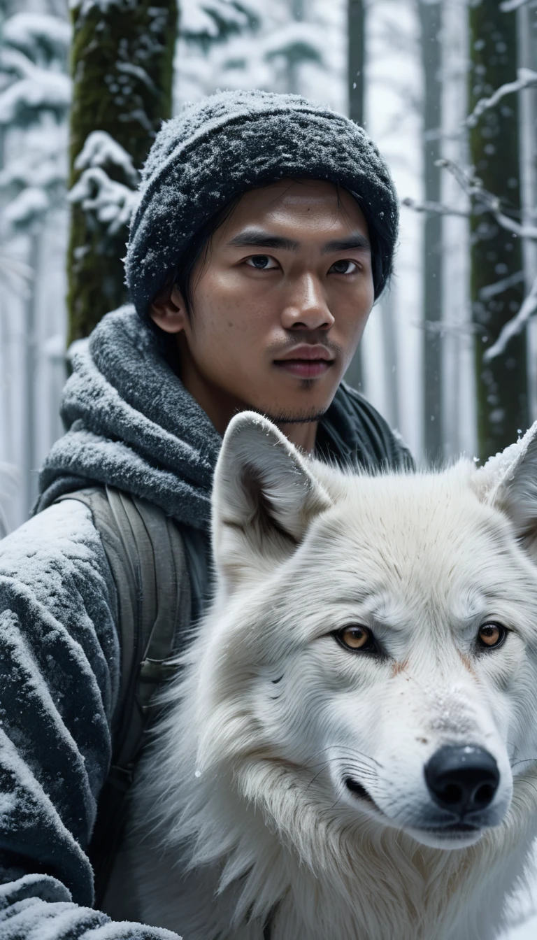 Indonesian oval face young man in the cold forest,Next to it is a snow-white wolf, ultra detail, cinematic lingting,8k