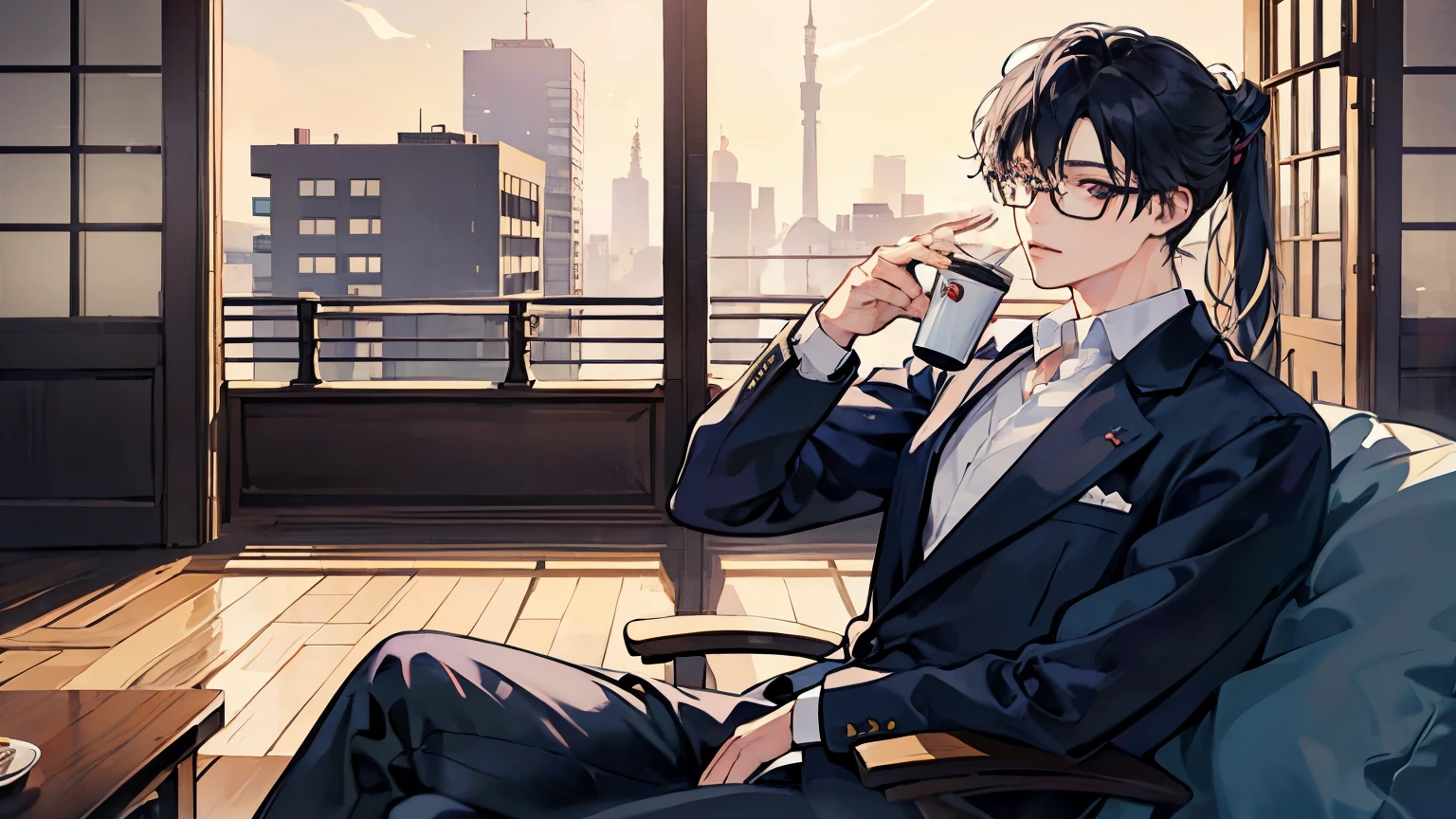 A man with Japanese features, only one figure, long slit eyes but kind eyes, wears under-rimmed glasses, lips slightly thick and closed, hair tied low. He has purple-black hair color, the background is a calm atmosphere like a coffee shop, he is wearing a black dress shirt and a gray jacket, he is sitting on a chair, drinking coffee. anime style, high image quality, detailed details