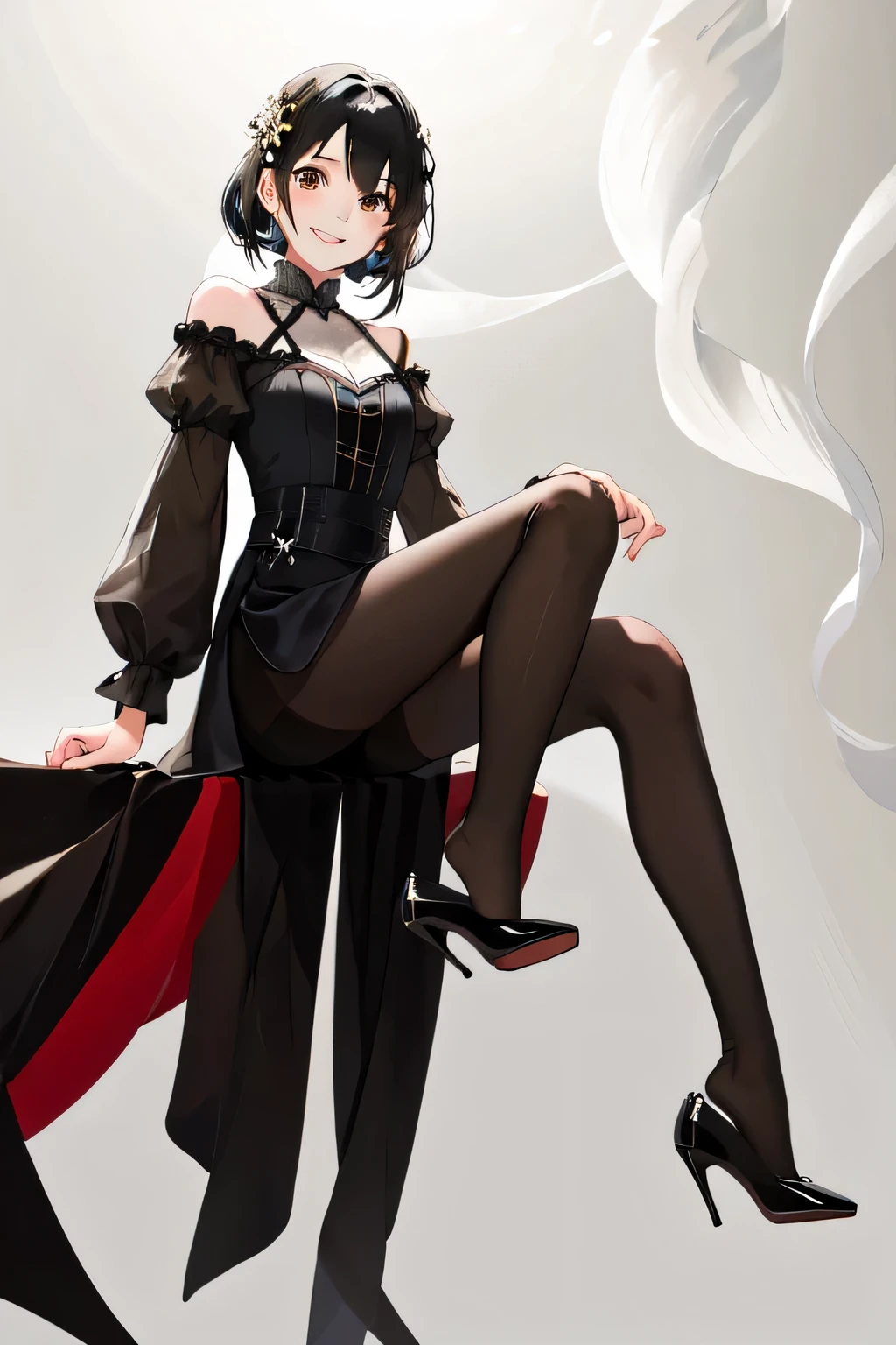 masterpiece, highest quality, High resolution, 1girl High heels hanging down、black hair、smile、beautiful teeth、black tights
