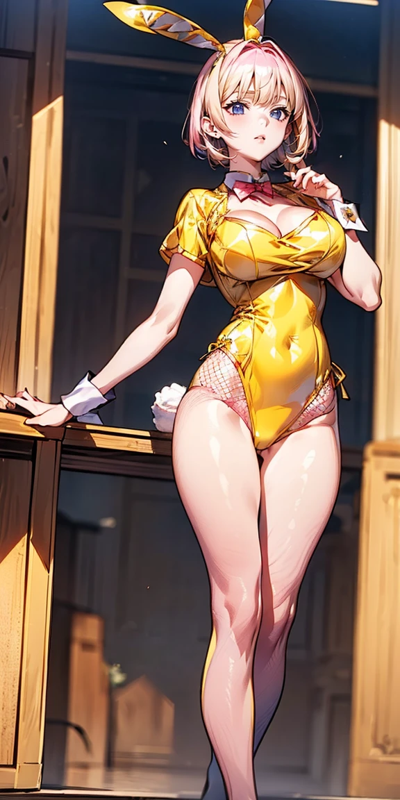 ((highest quality,8K,T Masterpiece:1.harp focus:1.2,cute woman with perfect figure:1.4,(((((huge cleavage))),(ridiculously big breasts:1.5),straight hair、hair blowing in the wind(huge hips),smile,thin abs:1.2,((pink hair:1.4, short hair:1.6)),Highly deしっぽed face and skin texture,tail eyes,double eyelid、/ (wear white top over yellow playboy_Yellow Bunny Leotard:1.3), (Clothes divided into upper and lower parts:1.2), (short sleeve:1.1), ((yellow bunny girl costume:1.8)), (Fishnet tights:1.2), high heels, ((rabbit tail:1.2, rabbit ears))