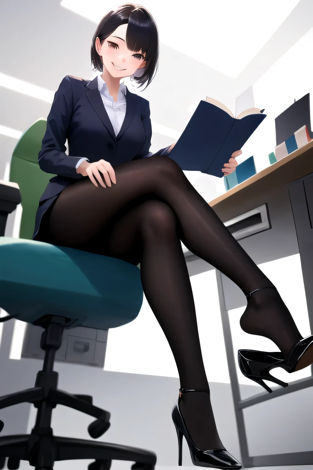 masterpiece, highest quality, High resolution, 1girl High heels hanging down, sitting cross-legged, office lady、black tights、smile、beautiful teeth
