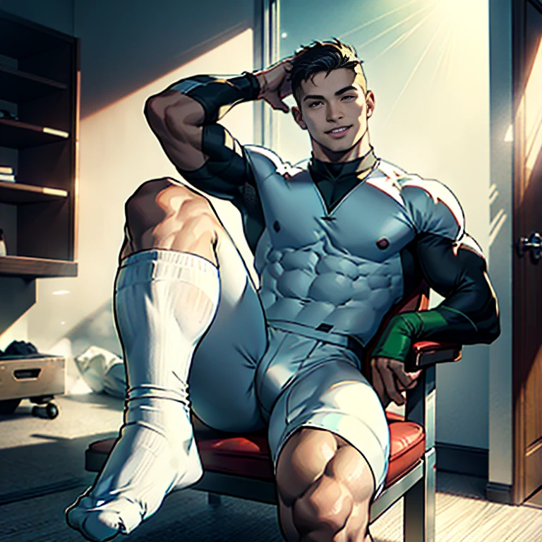 (1 male, short hair flat head), solo, delicate muscle lines, solo, football socks, chest bulge, naked, facing the lens, light particles, light and shadow, dressing room, liquid on face, realistic hands, full body portrait, perfect quality, masterpiece, foot sock focus, looking up, feet up, (sitting), smiling expression