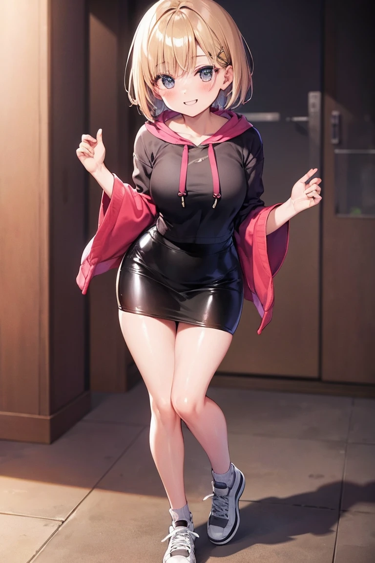 hoodie、Tight Skirt、shoes、Are standing、extraordinary smile、 teenage woman、short hair、(shiny skin:1.4)、The whole body is shown、bewitching pose、