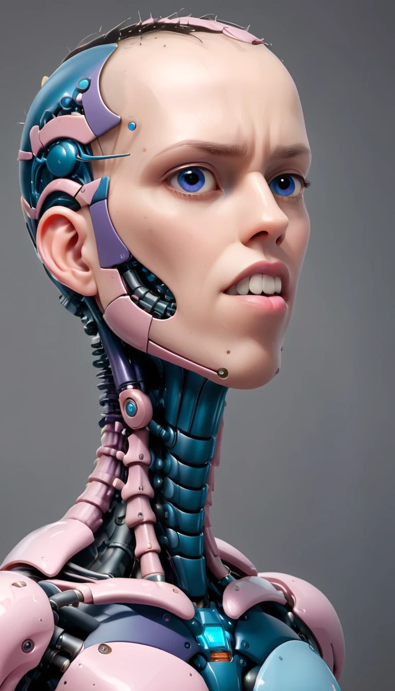 coopie, (Complex Professional 3D rendering:1.3) of (Ultra detailed:1.3) side profile, xray diagram deconstruction of a cyborg brain to machine interface, extended neck, glowing lights, Highly detailed, Depth, Many parts, Lumen render, 8k x-ray style translucent bald head, clear skin, synthetic bone, purple pink and blue Xray style on a grey background covered in geometric patterns,CGSociety,ArtStation