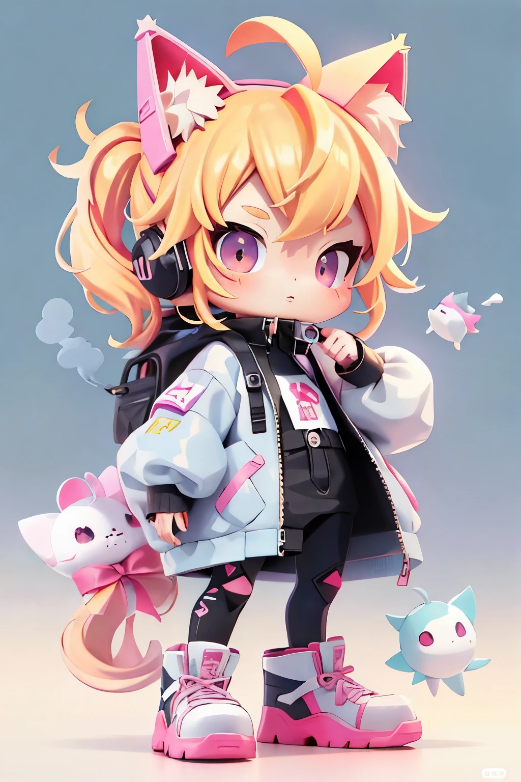 cute的女孩被透明塑料包裹着，cute、Playful、Quirky，Blonde hair tied into two big ponytails，white coat，dark pants，Pink accents，Wearing cat ear shaped headphones。She has a laser gun in her hand，Jumped up and took a fighting stance, chibi, Candy colors, Simple bright background, 3D toys, cyberpunk style, European and American cartoon style， Cinema 4d, octane rendering, 3d model, Collectible Toys,Nendoroid,Street style,Pixar,big shoes , fashion, close up, whole body。--AR 3:4 --q 2 50 --niji 5 --niji 6
