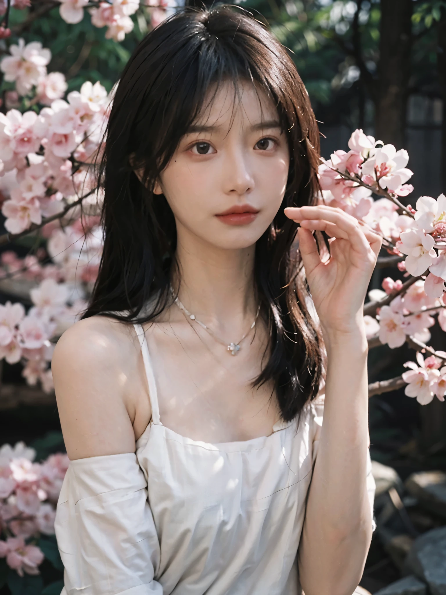 Film portrait photography, 2 girls, 2 Bare Shoulders,lipstick，（flat chest：1.4）， Double tail, wear necklace，scarf，Look directly，earrings，short sleeves，serene, calm, (Realistic and detailed eyes, natural skin texture, Realistic facial details), Soft dramatic lighting, depth of field, Bokeh,cherry blossom grove， Vibrant details, Detailed and detailed, surreal, 35mm film, hazy, whole body,