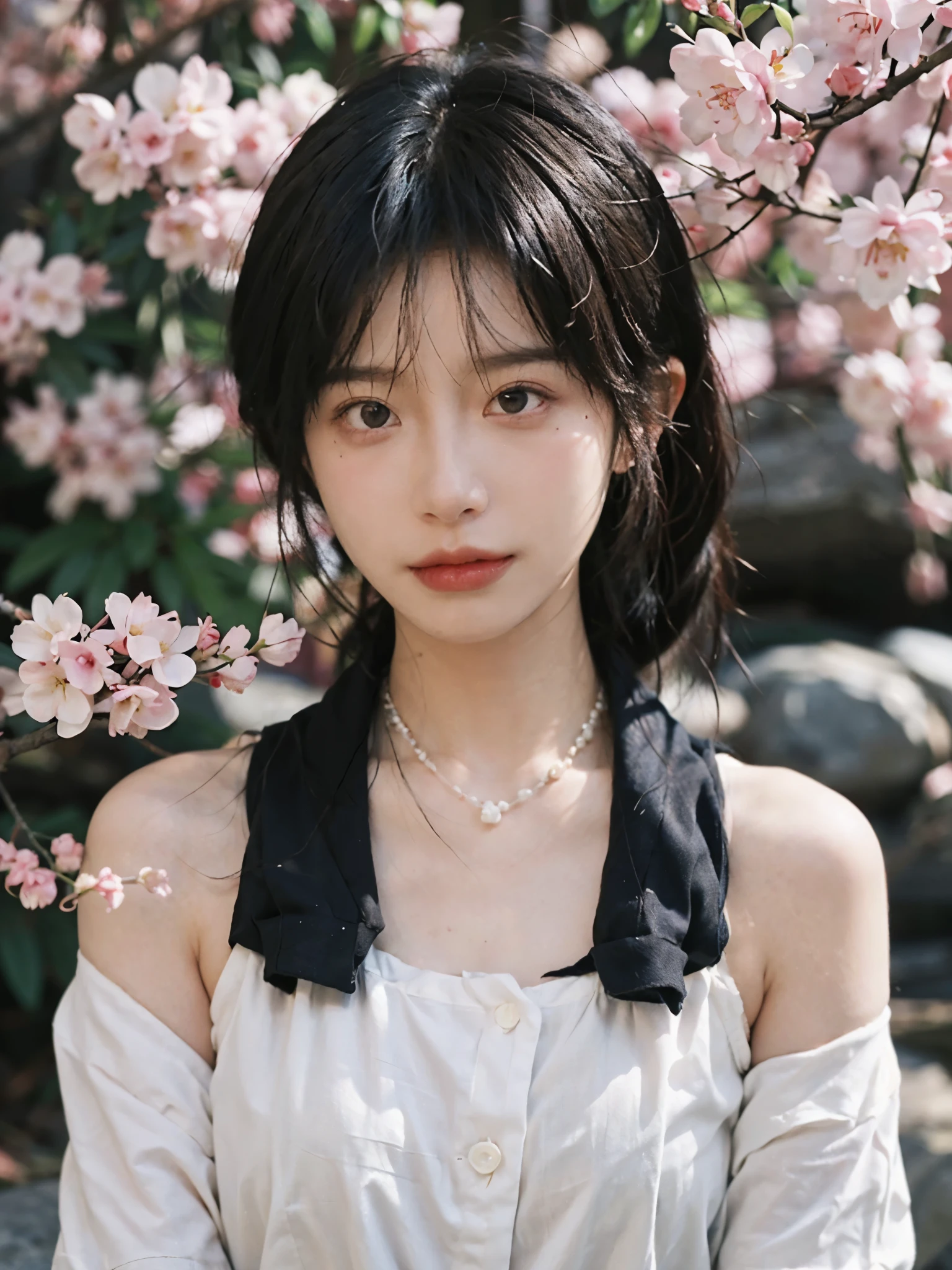 best quality, ultra high resolution, (realistically:1.4), Cute tiara,Baoyu Girl, A pair of clear and charming peach blossom eyes,Royal sister,The sun shines on the face,Double tail,(in the cherry blossom tree:1.4),(necklace:1.2),(White skin:1.4),(Full body female love:1.2)a sense of atmosphere,a beautiful girl,Looking directly at the viewer, Close-up cleavage ,(lifelike:1.4),2 girls,Sexy,(Upper body:1.4),(wet),(:1.2)