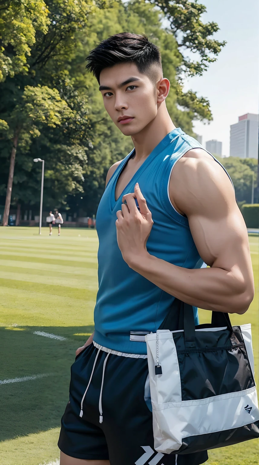 Asian male model, big muscles, Full chest muscles,Sexy and charming expression,blue eyes,Handsome, cool, Hair combed smoothly, piercing ears, Wear a loose-fitting vest,sports Shorts,Big bag highlights, image, modeling, dynamic poses, Tsinghua University campus, China, On the sports ground,Many students are exercising,Perfect hand details