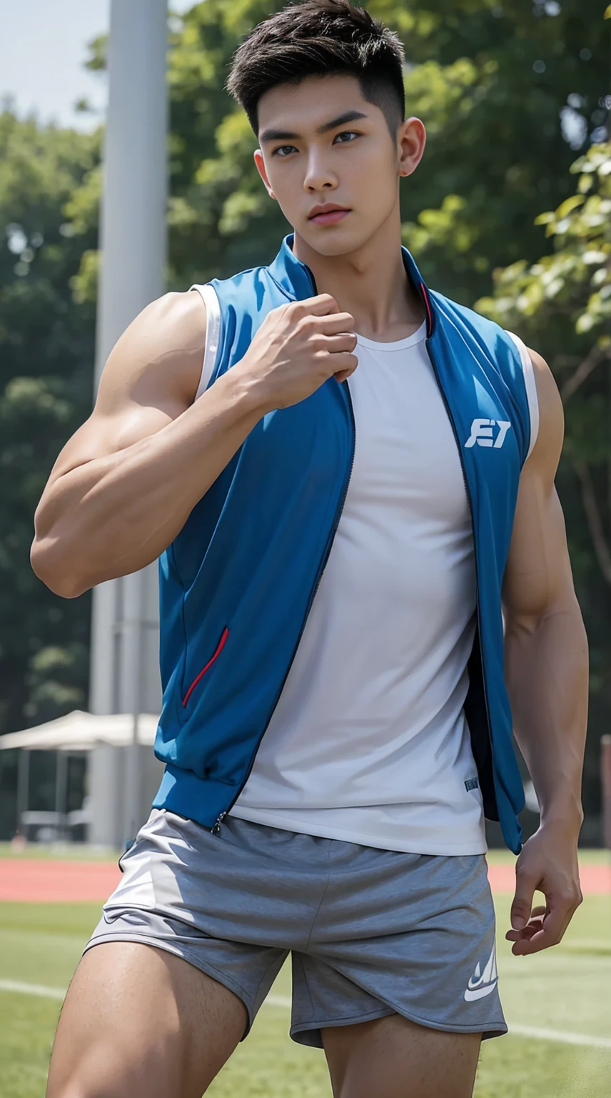 Asian male model, big muscles, Full chest muscles,Sexy and charming expression,blue eyes,Handsome, cool, Hair combed smoothly, piercing ears, Wear a loose-fitting vest,sports Shorts,Big bag highlights, image, modeling, dynamic poses, Tsinghua University campus, China, On the sports ground,Many students are exercising,Perfect hand details