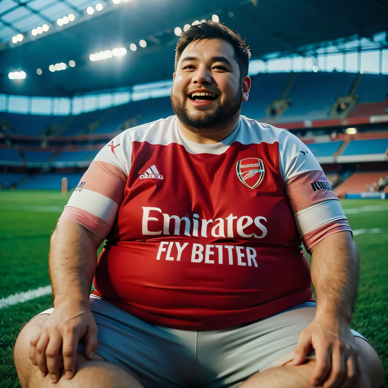generate img , cinematic photography, slightly fat man wearing the latest arsenal jersey, jersey bearing the text "EMIRATES FLY BETTER" ,sitting in the middle of the football stadium field , funny expression, laughing, cheerful ,full body , natural pose , cinematic , photo results using Canon eos 90d DSLR camera with 18-135mm lens , detailed skin texture , detailed face and body , best preset lighting , detailed background