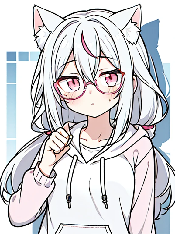 best quality, masterpiece, 1 girl, loli, upper body, hairs between eyes, female, pink eyes, long hair, small breasts, glasses, pony-tail, expressionless, wink , cat ears, white hair, silver hair, streaked hair,hoodie, murder,