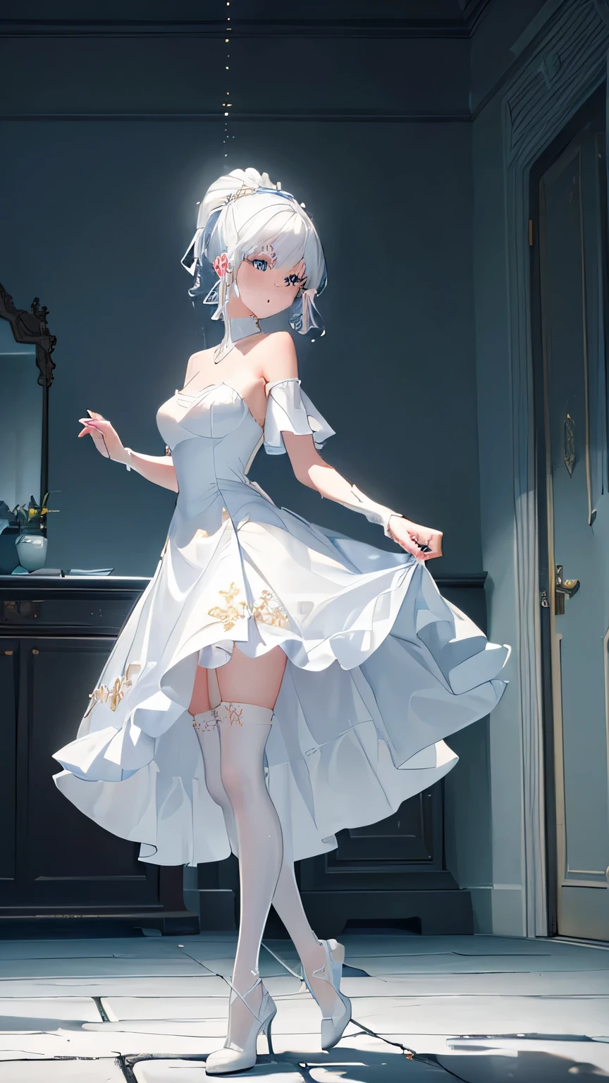 ((beautiful lighting, Best quality, 8K, Masterpiece: 1.3)), 1girl, Perfect body beauty: 1.4, elegant, Sweaty + wet skin,((white hair)), (White dress: 1.4), (Over the knee white stockings: 1.5), (long dress), Super Fine Face, lingerie, ((dancing in the distance)), (elegant room)