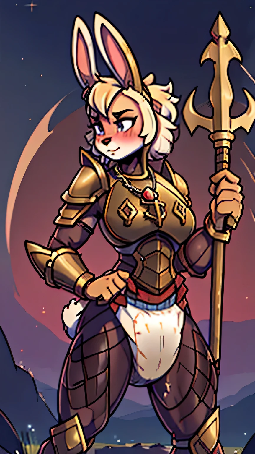 16k, HD, Professional, Highly Detailed, ((Masterpiece: 0.3)), (((High Quality))), Ultra-detailed face, Highly Detailed Lips, Detailed Eyes, full body, femboy, (anthro (rabbit)), fighter, ((chainmail) armor), (holding a (spear (trident))), 2 legs, white fur, (holding (shield)), digitigrade legs, paw hands, furry face, pants, gold hair, messy, short hair, rabbit muzzle, high detail, clear lines, ((long) rabbit ears), diaper, mess, embarrassed, blushing