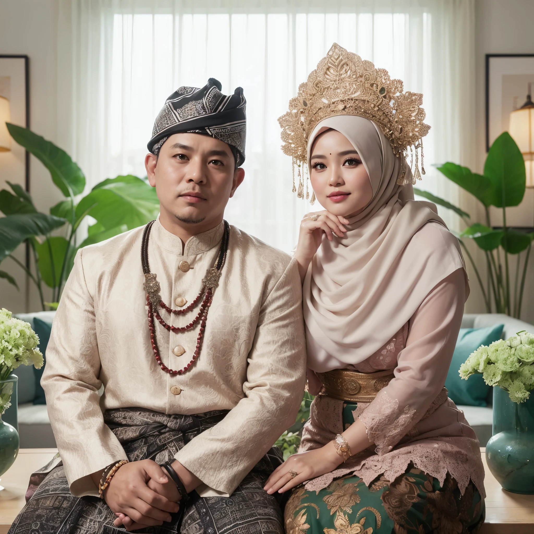 Please make me a studio photo, two people, a man and a woman aged 45, chubby, wearing a long hijab, wearing Balinese traditional clothes, complete with accessories, bright living room, green flower vase decoration on the table, professional pose, detailed, sharp, UHD, 8k. 